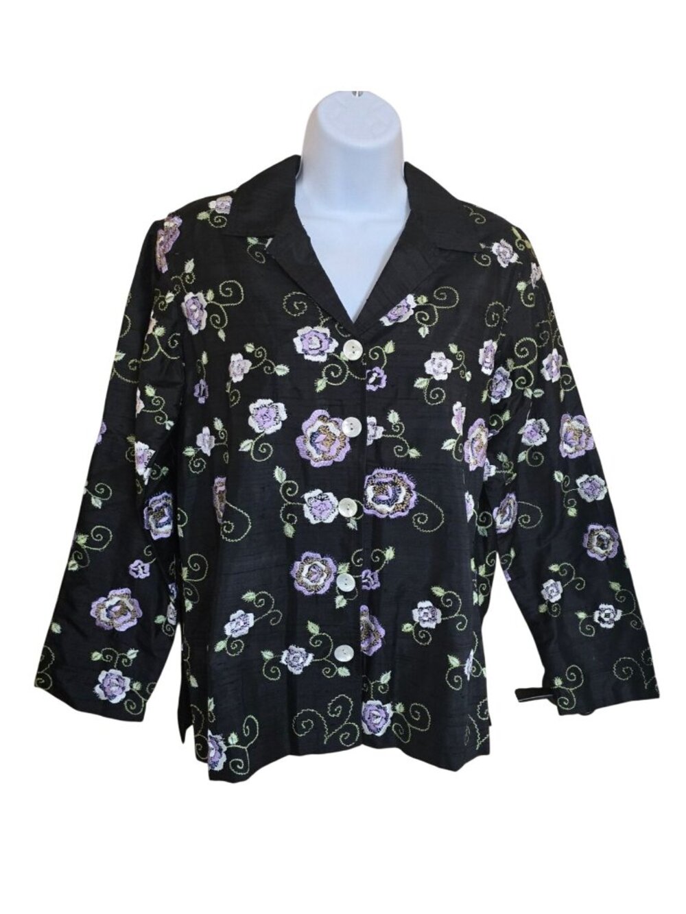 Laura Ashley Petite Floral Embroidered Black Silk Jacket Vintage pastel goth